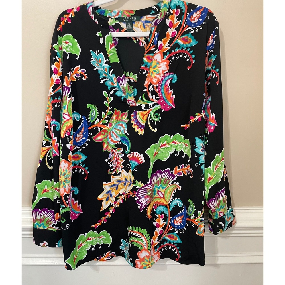 Lauren Ralph Lauren Size 1X Floral Paisley Tunic Blouse Black Multi Color